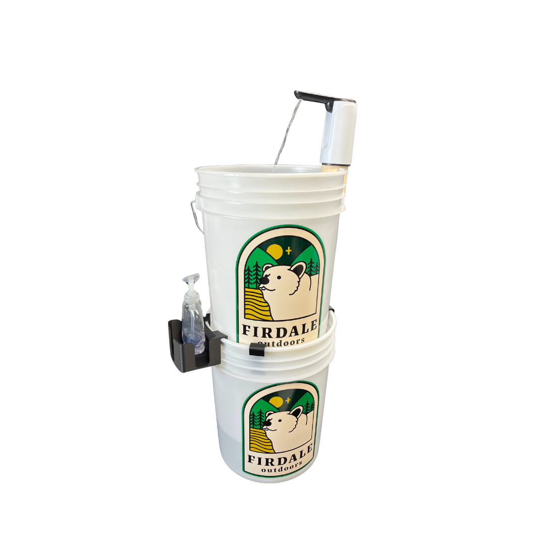 Two white buckets with Firdale Outdoors logo and a pump on a white background