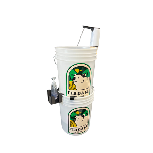 Two white buckets with Firdale Outdoors logo and a pump on a white background